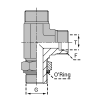 TMCYR JOR : Té orientable renversé mâle BSP Cylindrique (Whitworth) avec joint o'ring + bague anti-extrusion + contre écrou