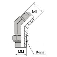 JCMIS4 : Coude 45° orientable mâle JIC x mâle ISO + joint torique + bague anti-extrusion